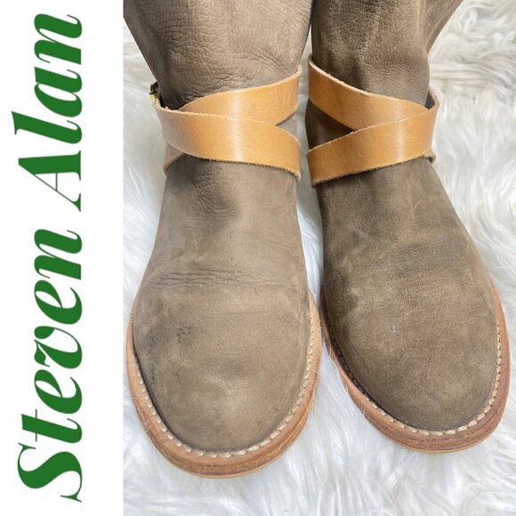 STEVEN ALAN Jodphur Genuine Suede Wrap Buckle Taupe Chelsea Bootie, Size 38 - Picture 9 of 11